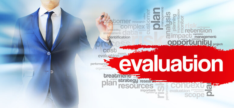 Businessman shows Evaluation word cloud collage, business concept background