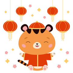 Happy Chinese New Year symbol - tiger in traditional red costume. Kawaii cartoon animal character. Chinese light lanterns. Vector illustration for greeting card.