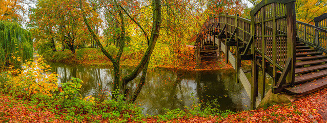 Panoramic view over city park Rotehorn, water stream and an arch wooden footbridge in Autumn golden colors at cloudy rainy day, Magdeburg, Germany. - obrazy, fototapety, plakaty