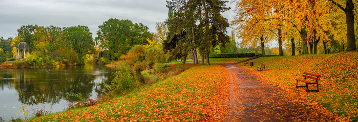 Panoramic view over city park Rotehorn and lake in Autumn golden colors at cloudy rainy day, Magdeburg, Germany.