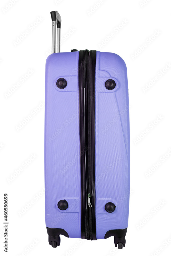 Wall mural travel purple suitcase isolated on white background.