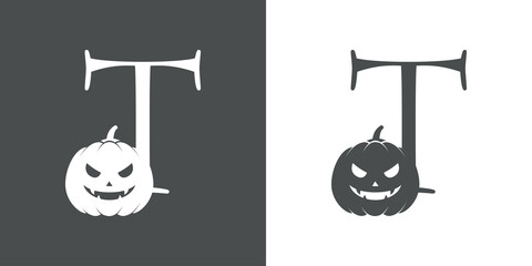 Logotipo letra inicial T con calabaza de Halloween en fondo gris y fondo blanco