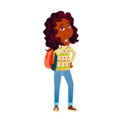 Girl Teen Thinking And Dreaming In School Vector. Happy Smiling African Lady Teenager With Back Pack Thinking About Question And Searching Answer. Character Flat Cartoon Illustration