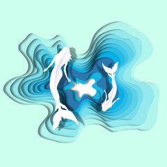 Paper cut water with mermaids. Vector illustration