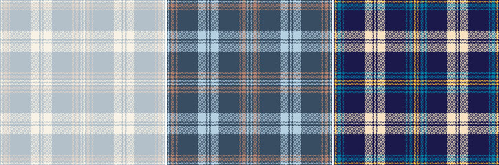 Plaid pattern set in navy blue, yellow, beige, brown for flannel shirt. Seamless classic textured tartan check background vector set for modern spring summer autumn winter fashion fabric design. - obrazy, fototapety, plakaty