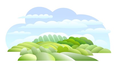 Obraz premium Rural hills. Farm cute landscape. Funny cartoon design illustration. Flat style. Isolated on white background. Summer sky with clouds. Vector.