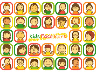 子どもたちの顔アイコン32人（カラフル・四角）