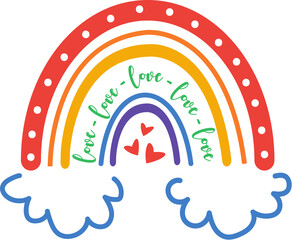 Cute modern rainbow vector illustration. Boho rainbow in LGBT colors with hearts. Love rainbow cut file