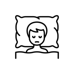 Human lying in bed and feels weakness. Thin line icon of illness symptom. Modern vector illustration.