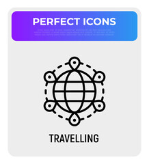 Travelling thin line icon: pointers on the globe. Modern vector illustration.