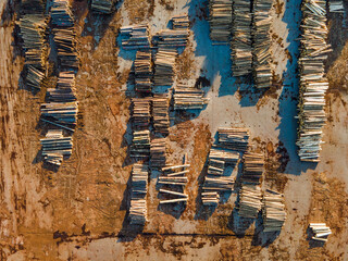 Sawmill Lumber Mill Industry Pile of Pine Logs on Yard Drone View