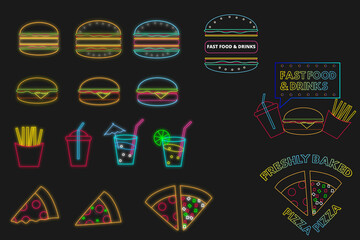 Neon fast food restaurant icon set.Burger,pizza,drinks neon clip art vector bundle