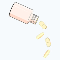 A bottle of pills. Poured medicines, falling capsules.