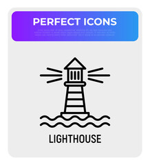Lighthouse in the sea thin line icon. Modern vector illustration.