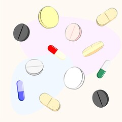 Background from tablets, capsules and pills. Yellow, blue, pink tablets and capsules