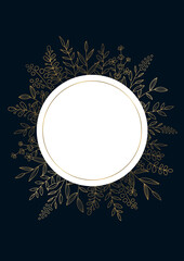 花のデザインフレーム　線画のイラスト　ネイビーの背景にゴールド