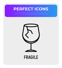 Fragile thin line icon, broken glass. Modern vector illustration for package sticker.