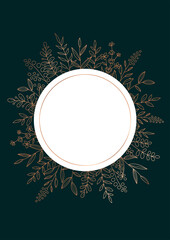 花のデザインフレーム　線画のイラスト　モスグリーンの背景にピンクゴールド