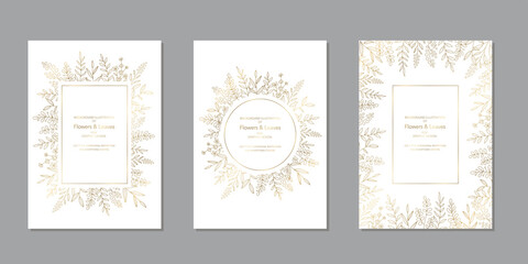 花のデザインフレームのセット　線画のイラスト　白の背景にゴールド