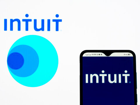In this photo illustration Intuit Inc. logo seen displayed on a smartphone