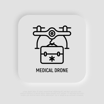 Mediine drone delivery thin line icon. Modern vector illustration.