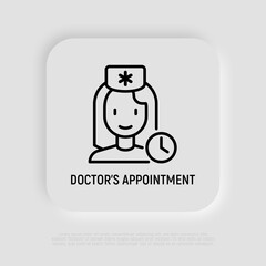 Doctor's appointment thin line icon: woman doctor with clock. Modern vector illustration.