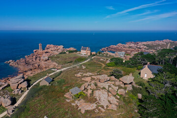 aerial view on the pink granite coast, the city of ploumanac'h and the paherede men ruz