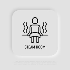 Steam room thin line icon: man sitting in sauna on bench. Modern vector illustration.