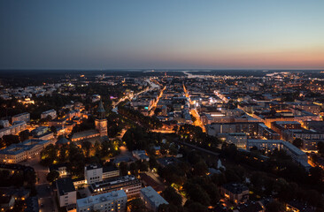 Aerial view of the city center area at night in Turku, Finland