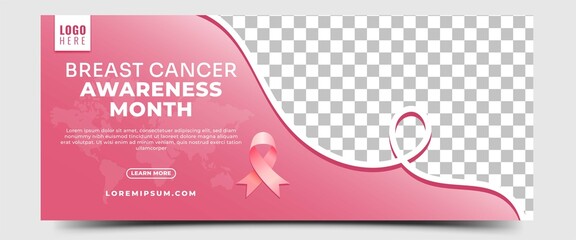 Breast cancer awareness month horizontal banner template design. Editable banner design with place for the photo.