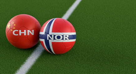 Norway vs. China Soccer Match - Leather balls in Norway and China national colors. 3D Rendering 