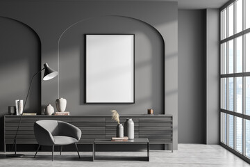 Canvas in wall arch of dark grey living room with armchair