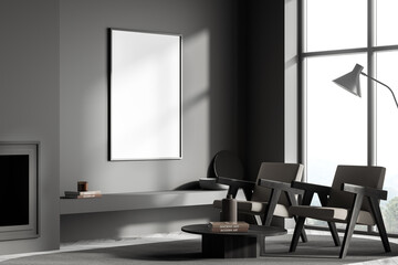 Canvas on grey living room wall and seating area with two armchairs