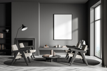 Stylish dark grey living room with empty frame