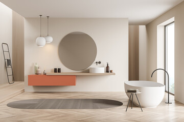 Fototapeta na wymiar Bathtub and sink with mirror in light wooden bathroom interior with ladder