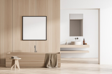 Square frame on wall of wood look bathroom with rectangular details