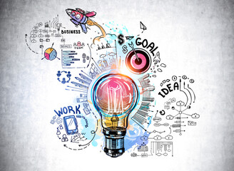 Colourful sketch with large light bulb, rocket launch, cogwheel, business
