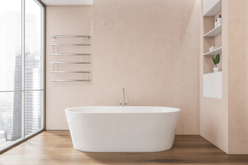 Fototapeta na wymiar Pink bathroom with white bathtub on dark wood floor