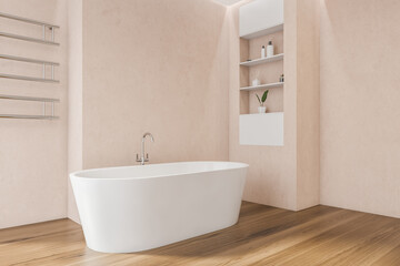 Naklejka na ściany i meble Pink bathroom with white bathtub. Corner view.