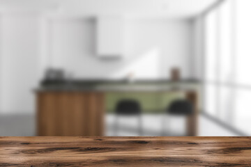 Wood table with blurred breakfast bar background