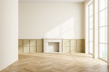Light living room empty interior with fireplace and window, mockup copy space