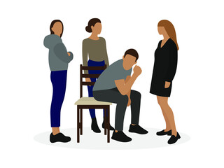 A male character is sitting on a chair and three female characters are standing next to him on a white background