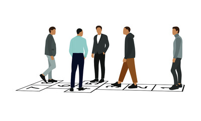 Five male characters on the playing field with numbers on a white background