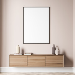 Empty white canvas on light beige living room wall