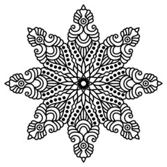 a fabulous flower. mandala. isolated black and white contour drawing by hand. circular ornament. element. embroidery, template, coloring page, henna, print, tattoo.