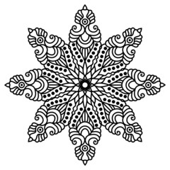 a fabulous flower. mandala. isolated black and white contour drawing by hand. circular ornament. element. embroidery, template, coloring page, henna, print, tattoo.