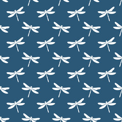 Navy seamless pattern with white dragonflies. Cute and childish design for fabric, textile, wallpaper, bedding, swaddles toys or gender-neutral apparel.