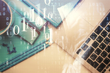 Multi exposure of data drawing hologram over topview of study desk background with computer....