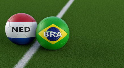 Obraz premium Brazil vs. Netherlands Soccer Match - Leather balls in Brazil and Netherlands national colors. 3D Rendering 