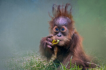 a young orangutan eating a leaf © Ralph Lear